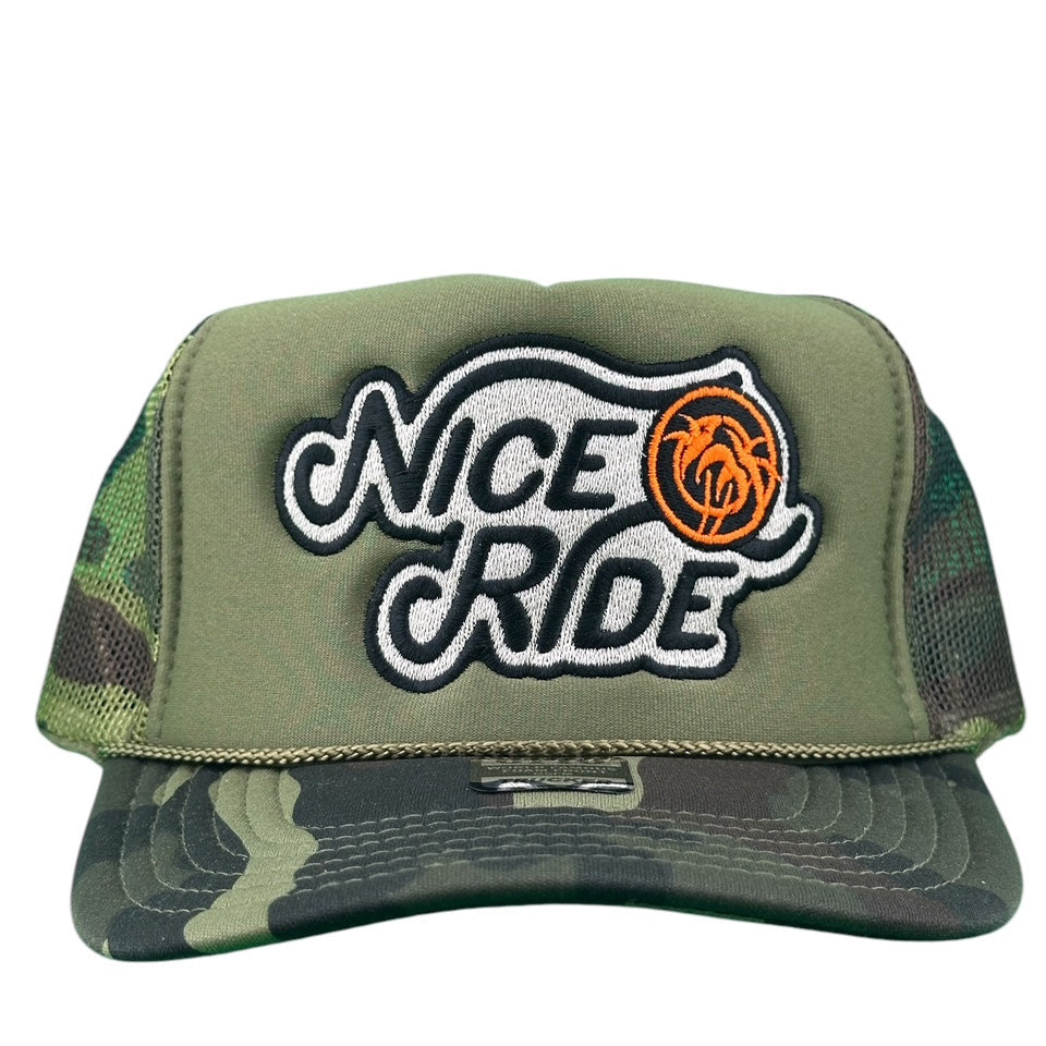 Wild West Foam Trucker Hat featuring NICERIDE logo on front and camo design, a stylish hat for outdoor enthusiasts.