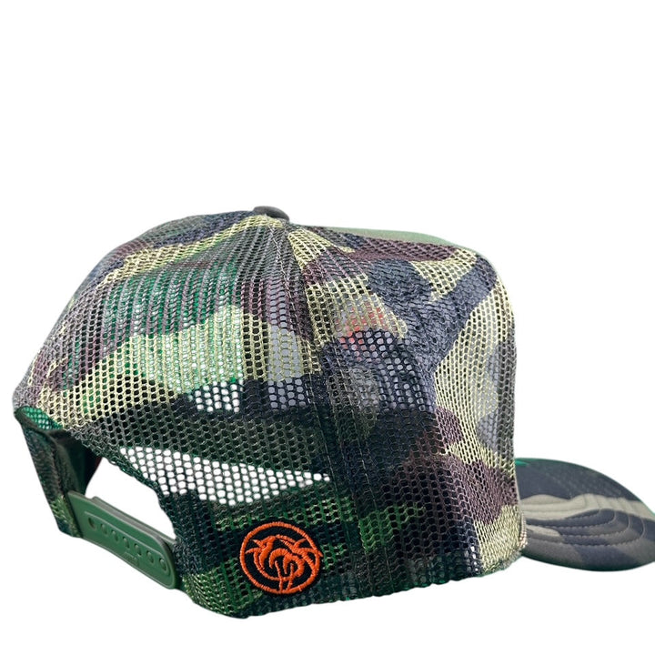 Back view of Wild West Foam Trucker Hat showing mesh design and embroidered palm logo, perfect for stylish hat lovers.