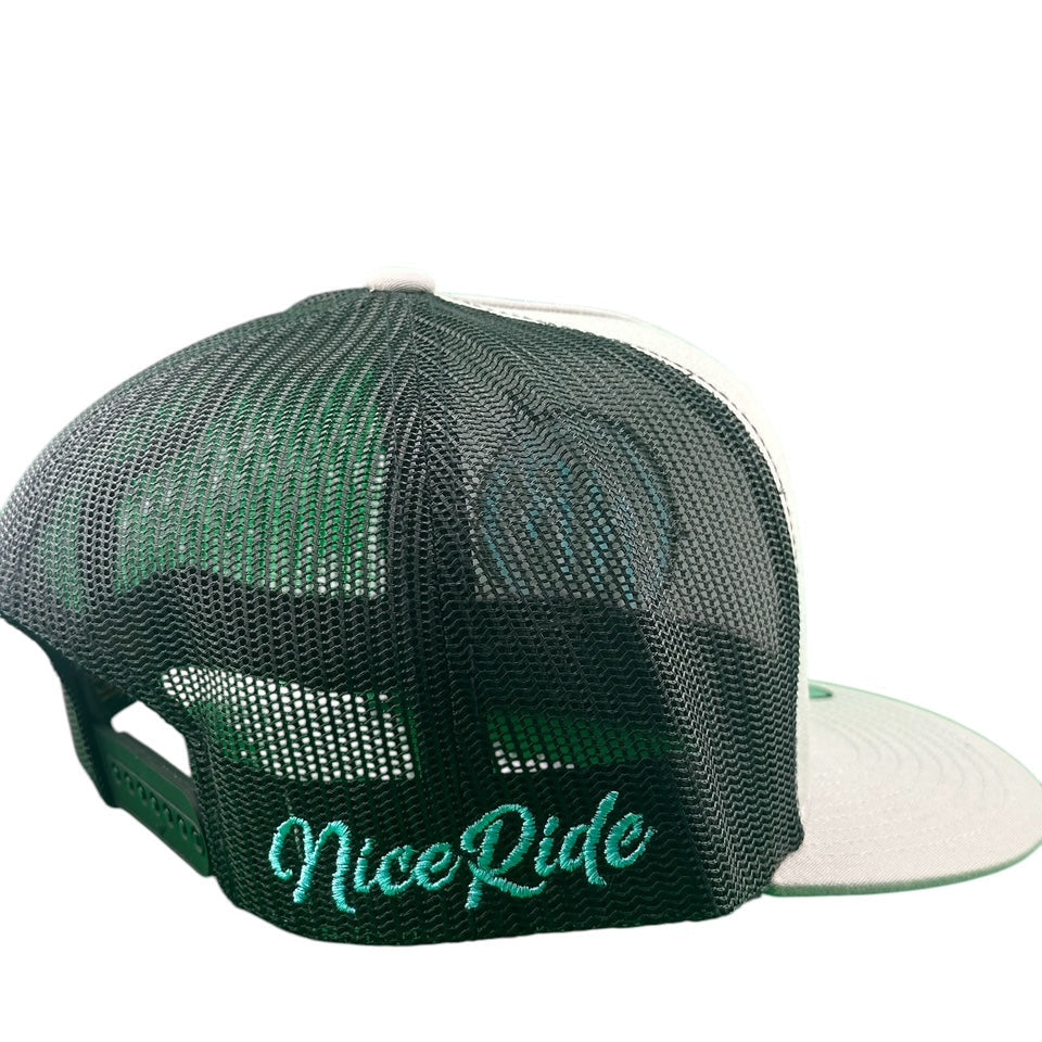 Back view of NICERIDE Trucker Hat showcasing green embroidered logo and breathable mesh material.
