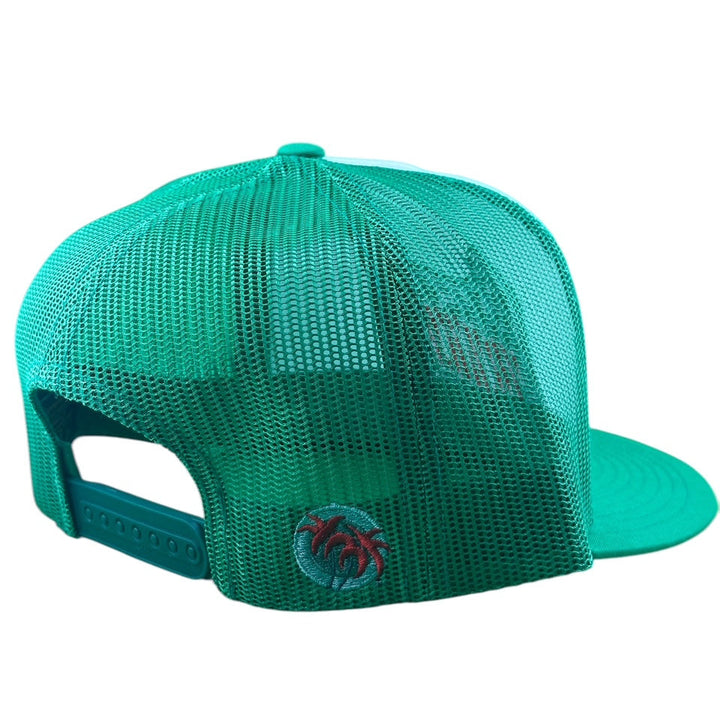 Back view of a green trucker hat showcasing mesh design and palm tree logo on the side.