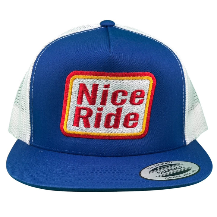 NICERIDE Mustard 6006 Classic Snapback Trucker Hat in blue with Nice Ride logo embroidery