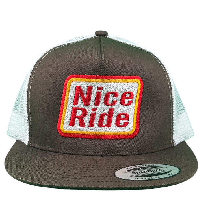 NICERIDE Mustard 6006 Classic Snapback Trucker Hat in brown with red and yellow embroidery.