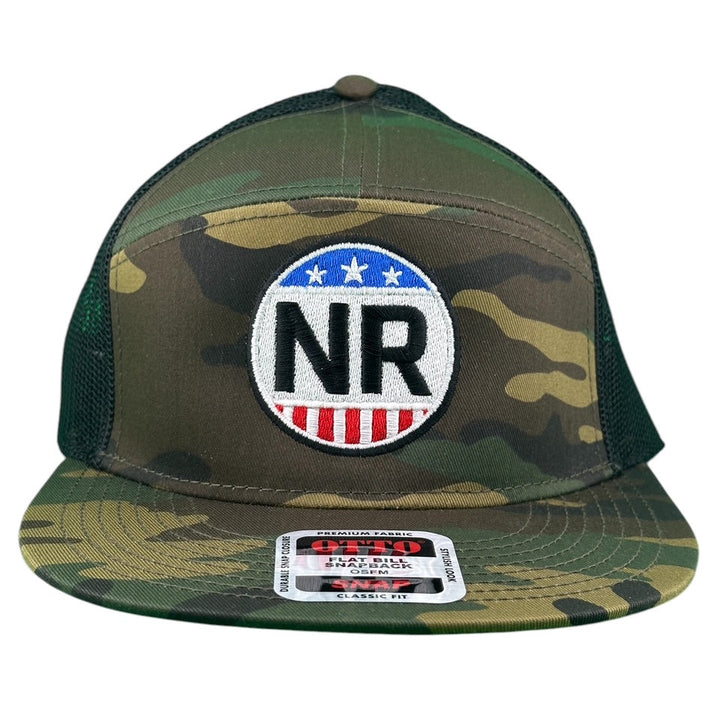 NICERIDE Camo/Black unisex 7 panel trucker hat with NR logo and mesh back.