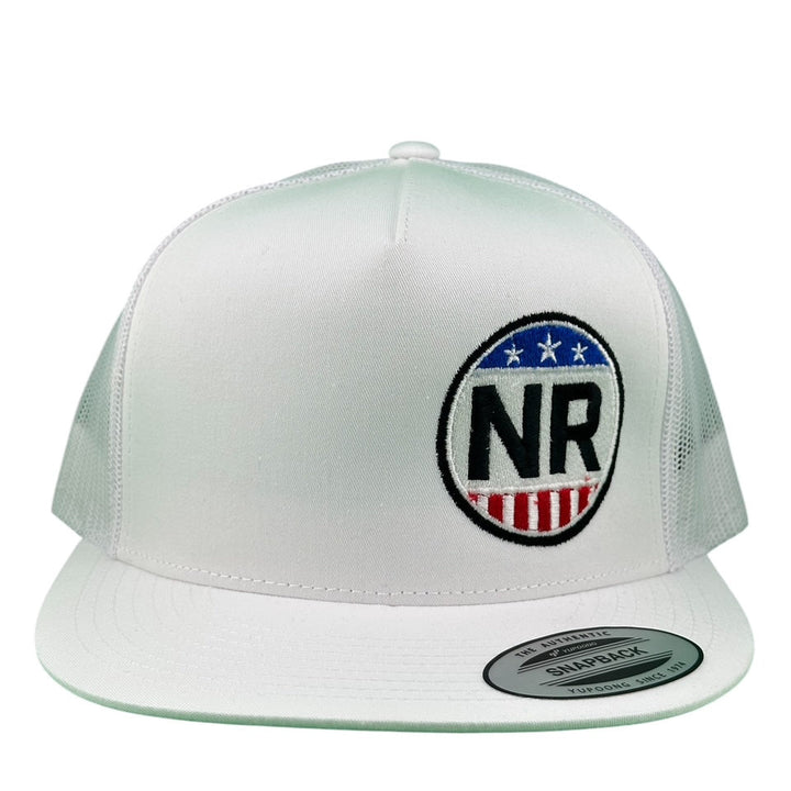 White snapback trucker hat featuring NR logo with stars and stripes design.