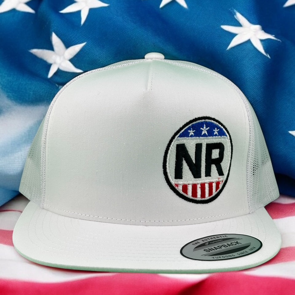 NICERIDE "Voted" LP Trucker Hat with NR logo against an American flag background.