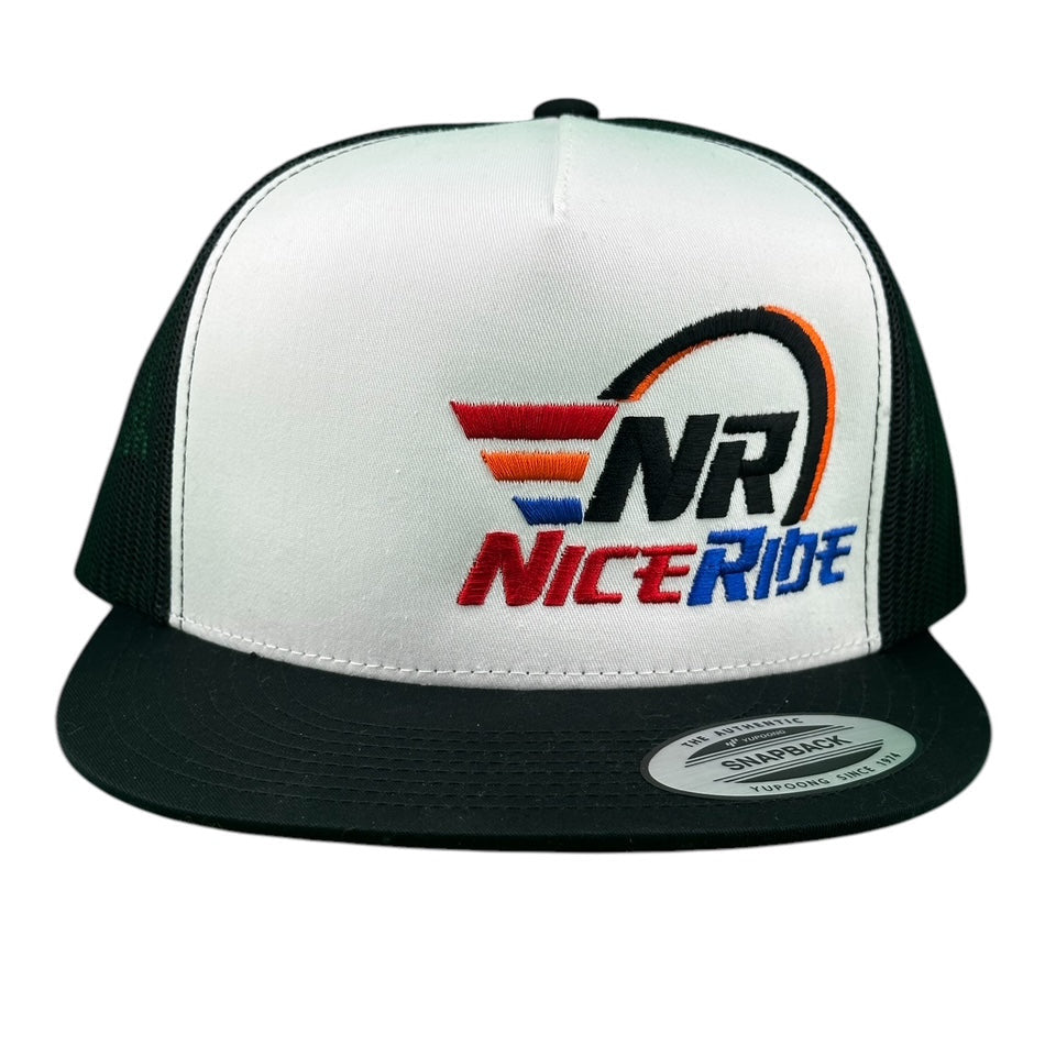 NICERIDE Rev unisex trucker hat featuring embroidered NR logo and vibrant design, ideal for stylish casual wear.