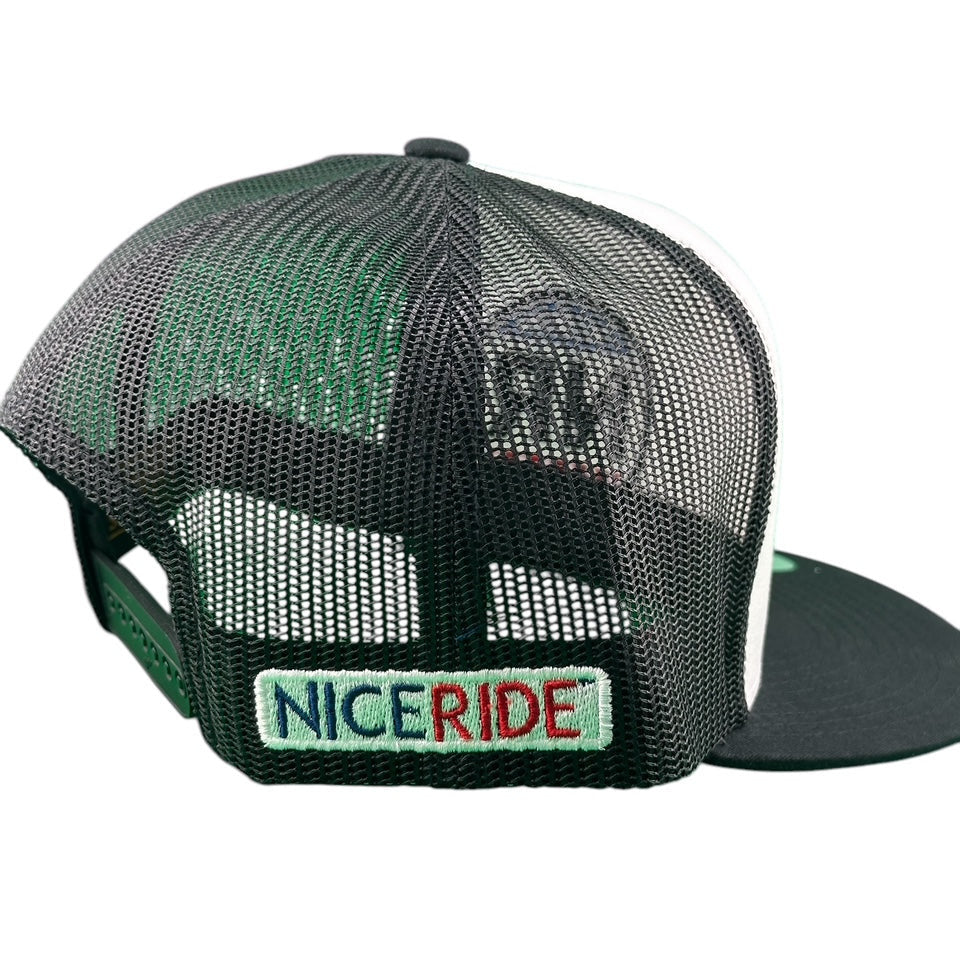 Back view of NICERIDE Voted LP Unisex Trucker Hat showing mesh design and embroidered logo.