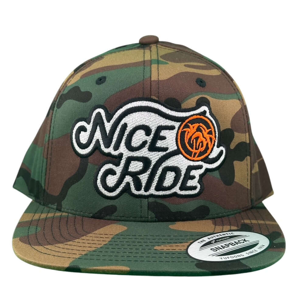 NICERIDE Wild West 6089 camo snapback hat with embroidered logo in green and brown camo pattern.