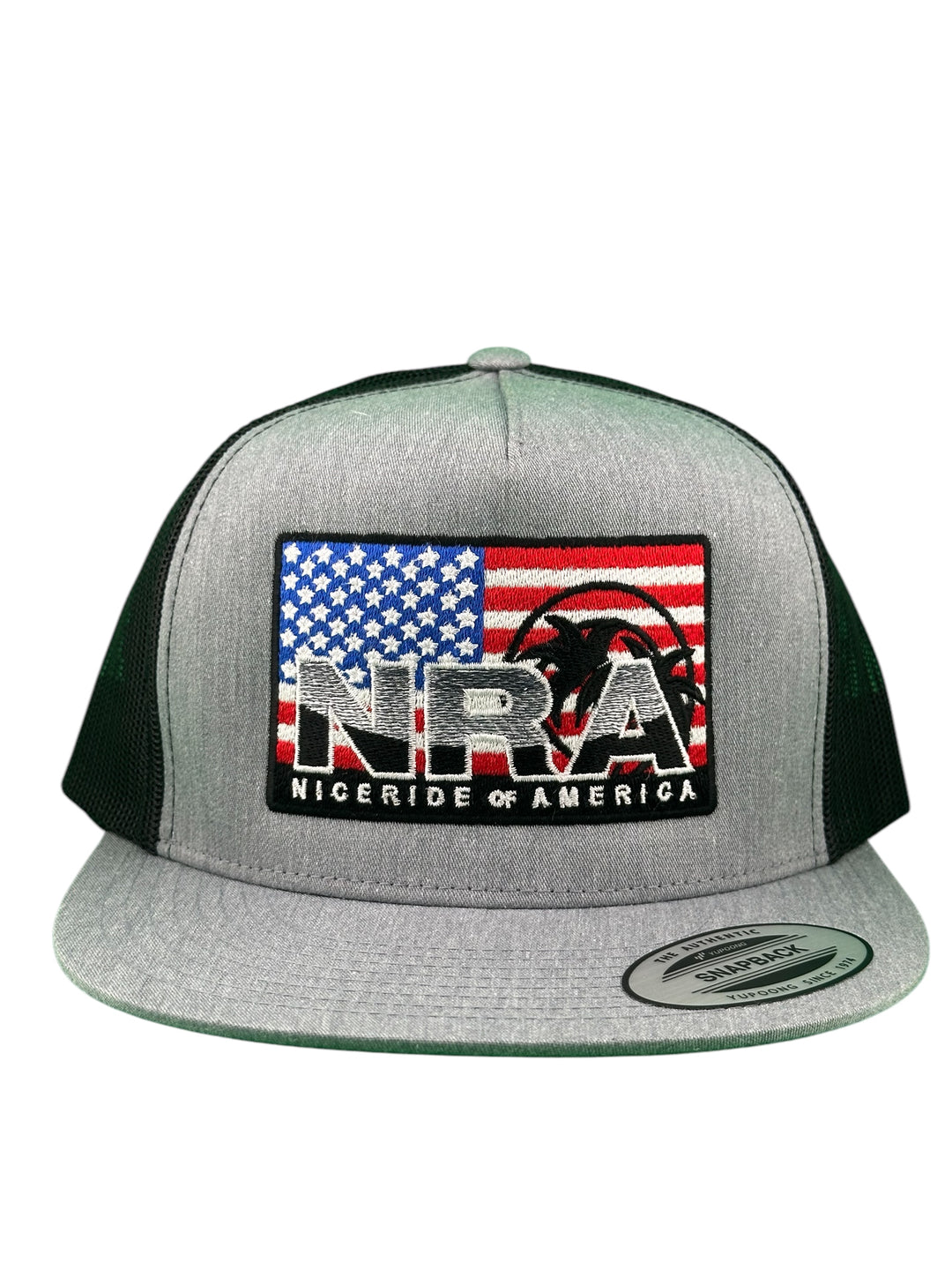 NRA Trucker Hat by NICERIDE featuring American flag design and embroidered logo, showcasing a stylish hat option.