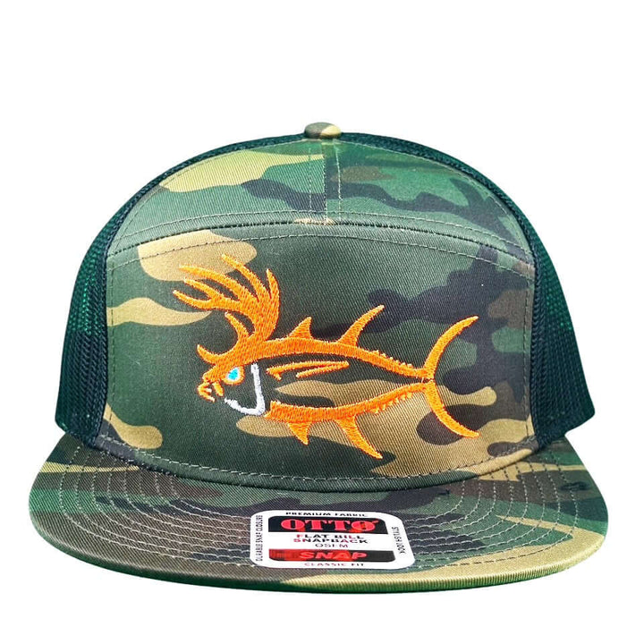 Buck-Eye 7 Panel Camo Otto Adjustable Hat with fish embroidery, perfect for outdoor sports and fishing.