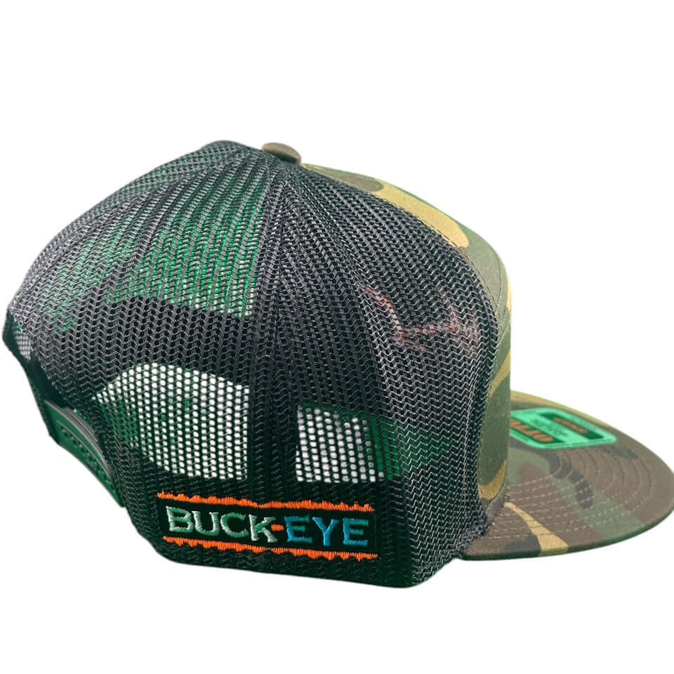 Back view of the NICERIDE Buck-Eye 7 Panel Camo Otto Adjustable Hat featuring a mesh design and vibrant logo.