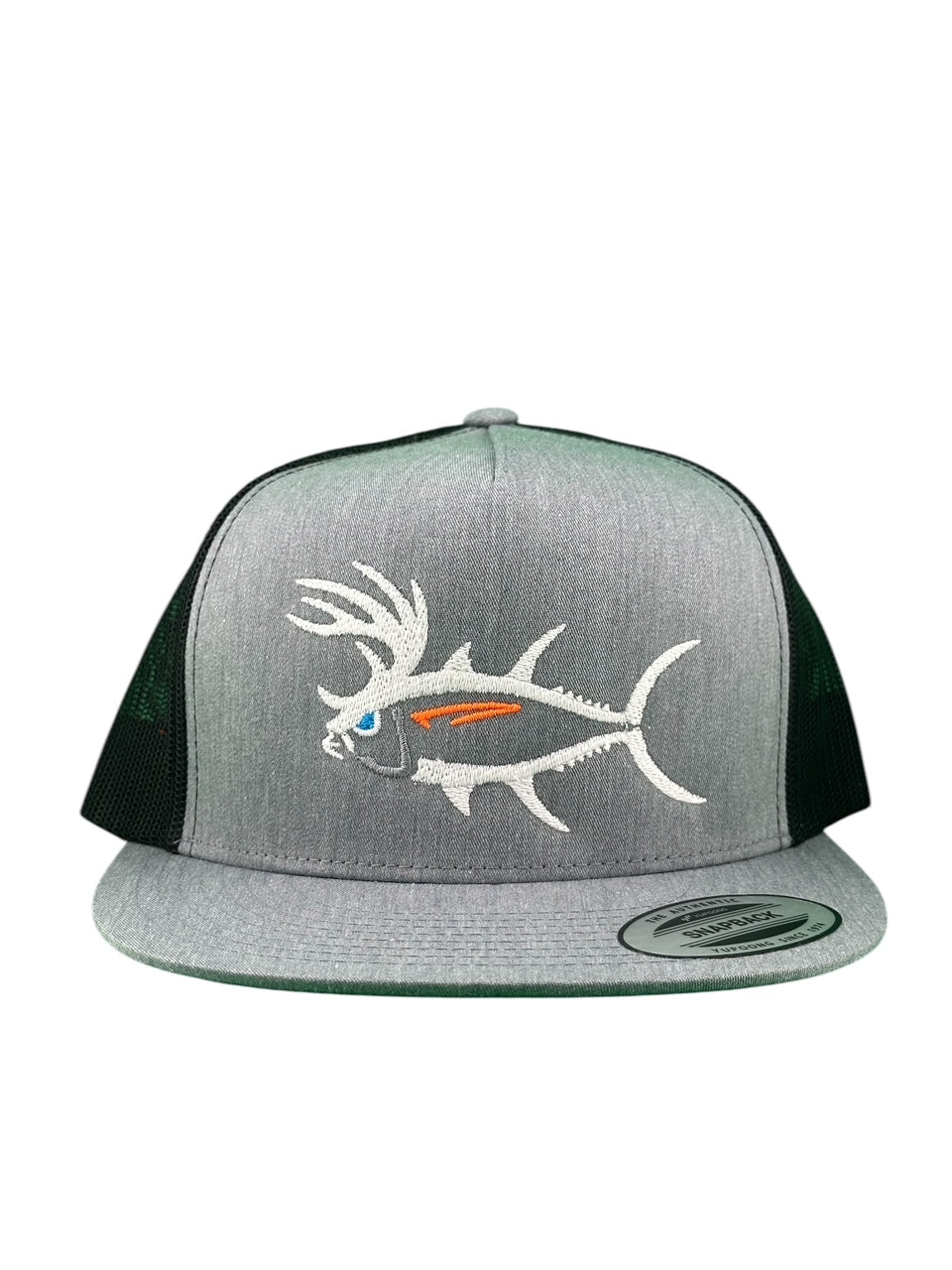 Buck-Eye unisex trucker hat with fish design, ideal fishing hat for men and women, featuring embroidered details.