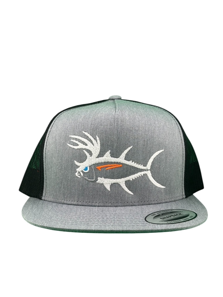 "Buck-Eye" Unisex Trucker Hat featuring embroidered fish design perfect for fishing and outdoor activities.