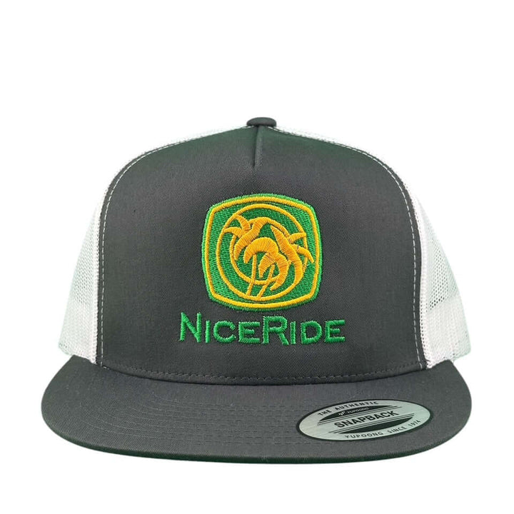 NICERIDE MoeDoe 6006 Trucker Hat in gray with green logo, unisex snapback baseball cap.