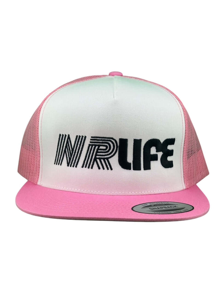 NRLife unisex trucker hat in white and pink with a stylish embroidered logo design.