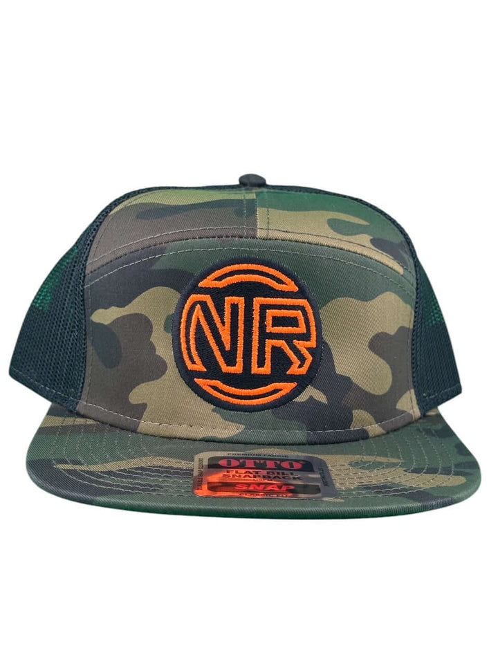 Inner Circle Unisex 7 Panel Trucker Hat featuring NR logo and camo design, stylish and comfortable hat.