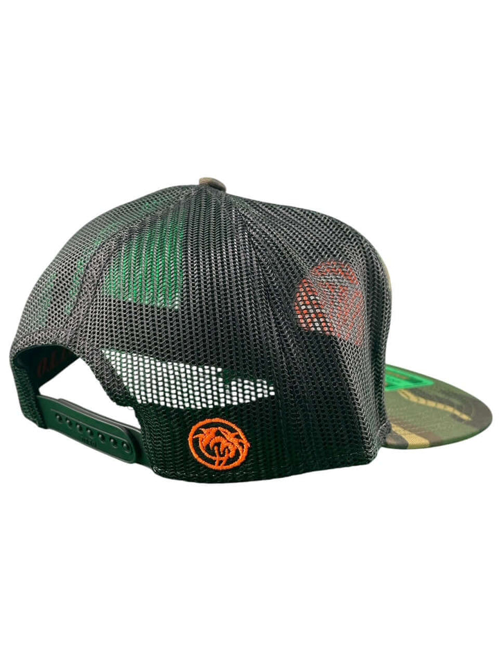 Back view of the "Inner Circle" Unisex 7 Panel Trucker Hat featuring the Palm logo and a mesh design.