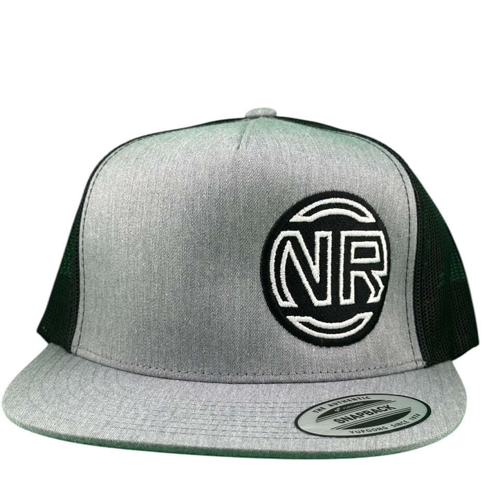 NICERIDE Inner Circle unisex trucker hat with embroidered NR logo on charcoal grey and black mesh.