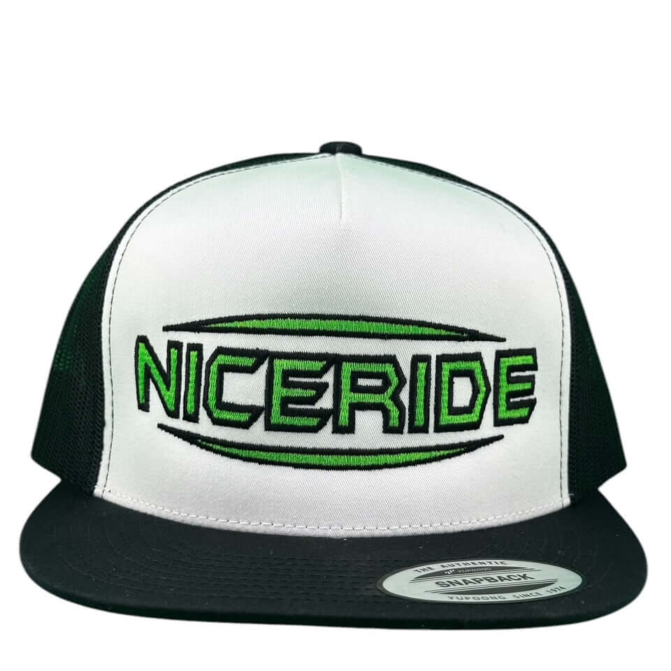 NICERIDE Saturn 6006 unisex trucker hat in black and white with green logo, stylish snapback baseball cap.