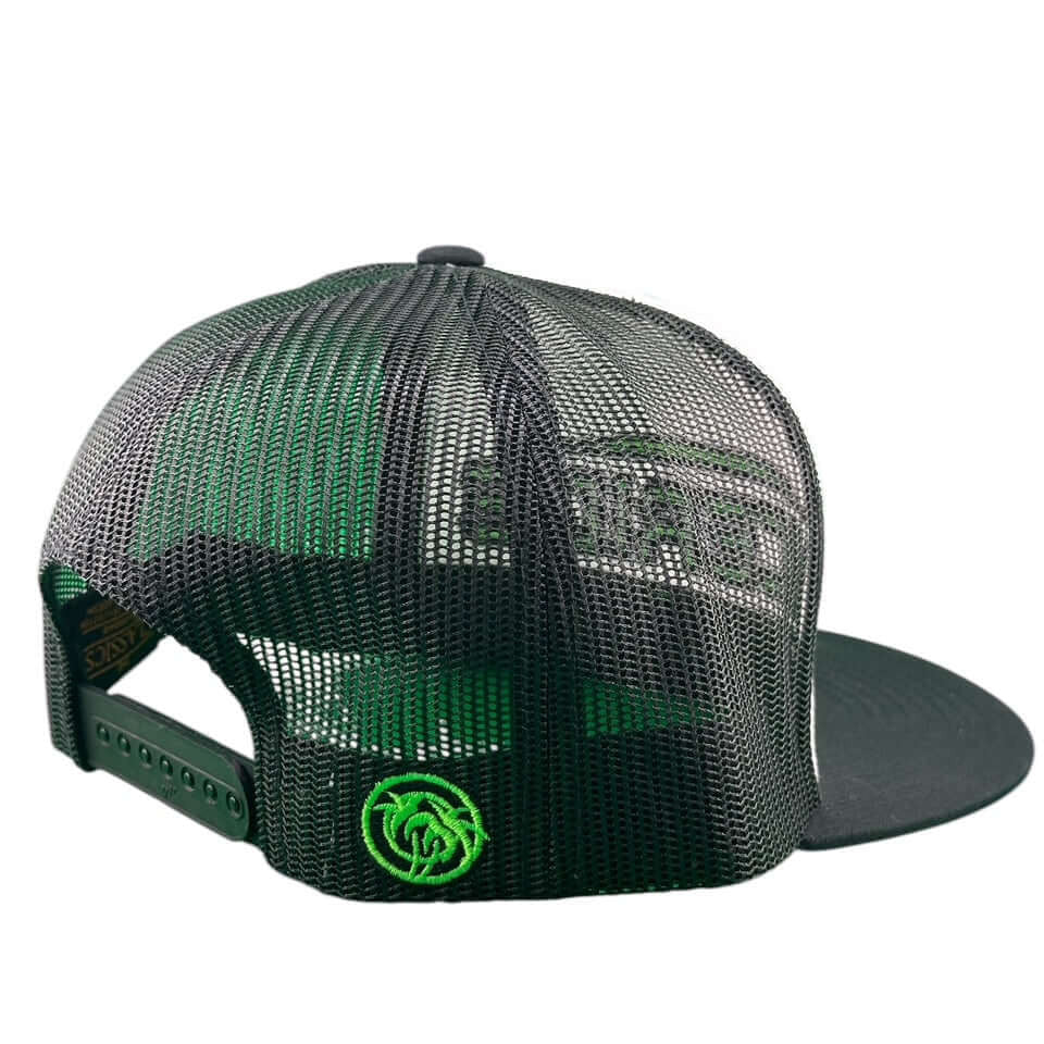 Back view of NICERIDE "Saturn" 6006 unisex trucker hat featuring breathable black mesh and green logo.