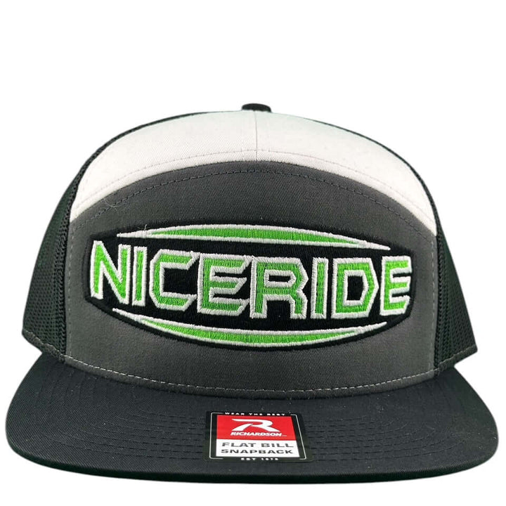 NICERIDE embroidered unisex 7 panel trucker hat in black and gray with flat bill and snapback style.