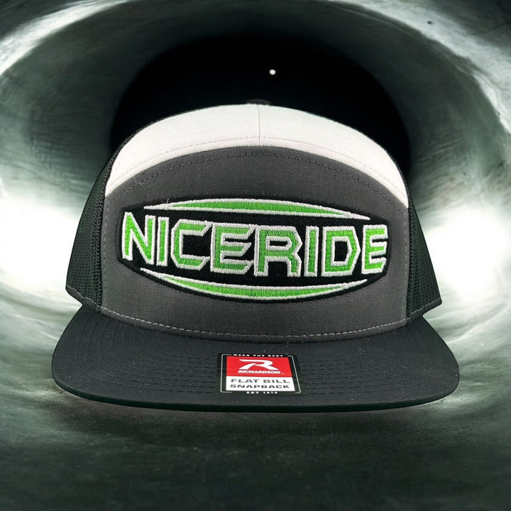 "Saturn" Unisex 7 Panel Trucker Hat featuring NICERIDE logo, adjustable hat suitable for men and women.