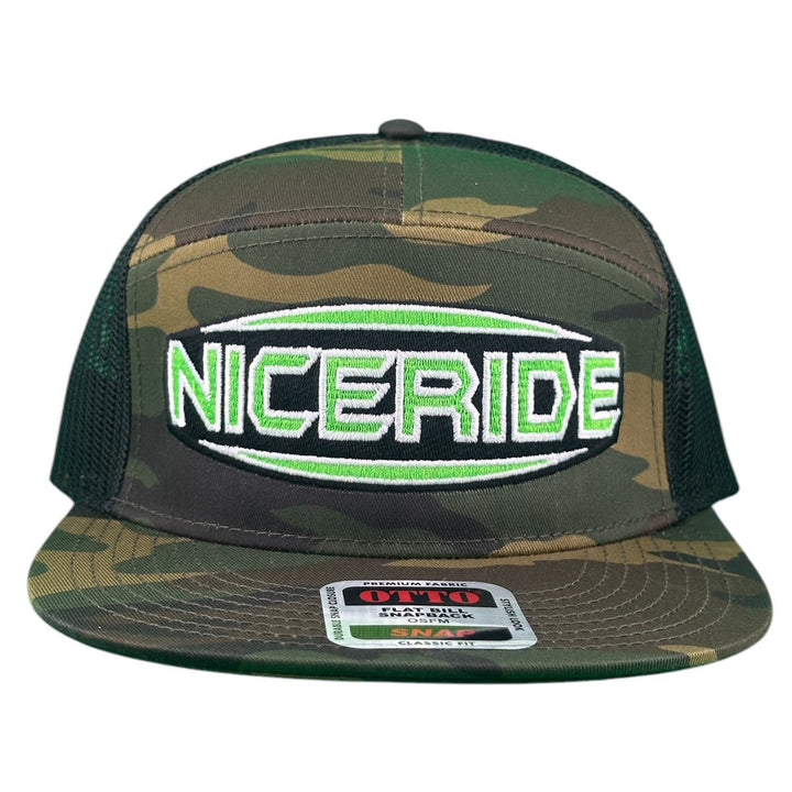 NICERIDE camo trucker hat with embroidered logo, adjustable unisex design, perfect for outdoor activities.
