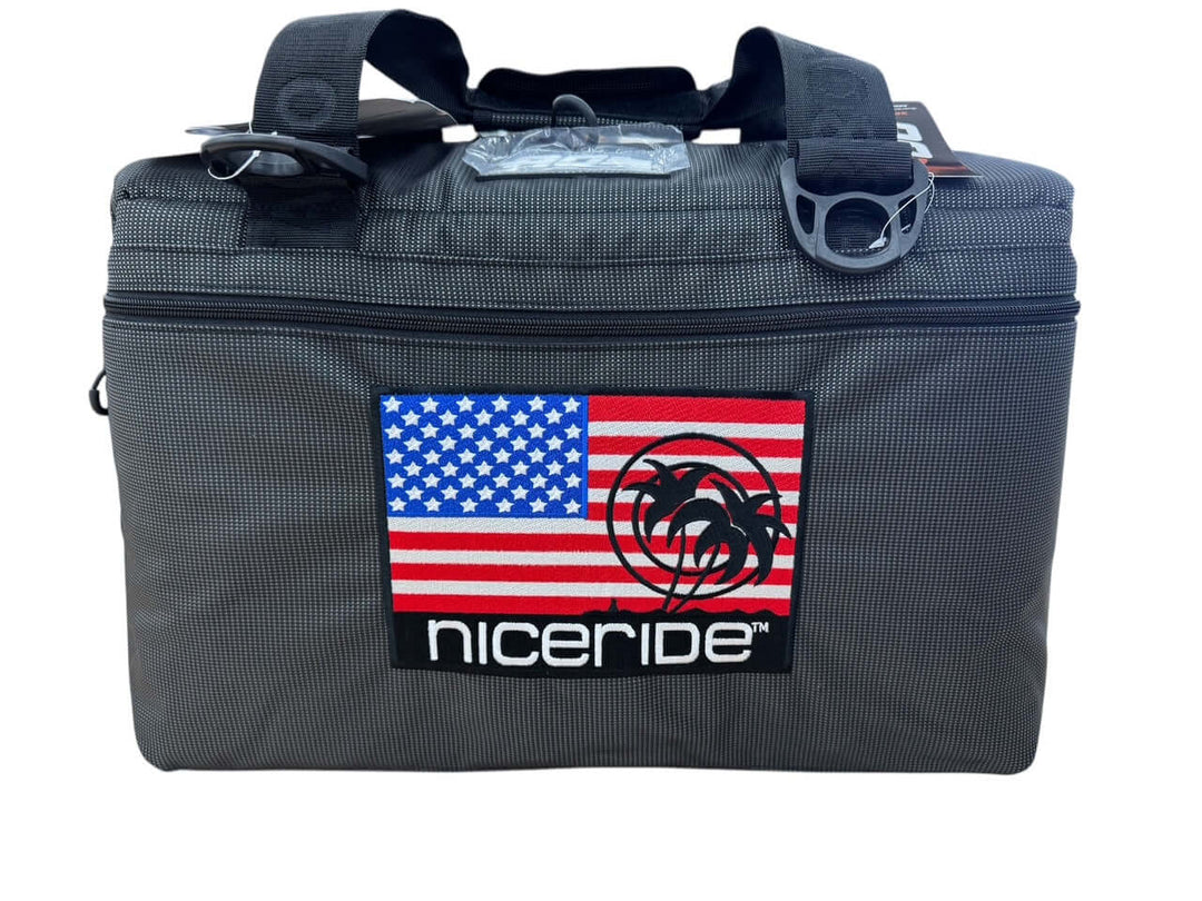 NICERIDE ‘Strong’ black soft-sided cooler with American flag emblem and logo, designed for durability and capacity.