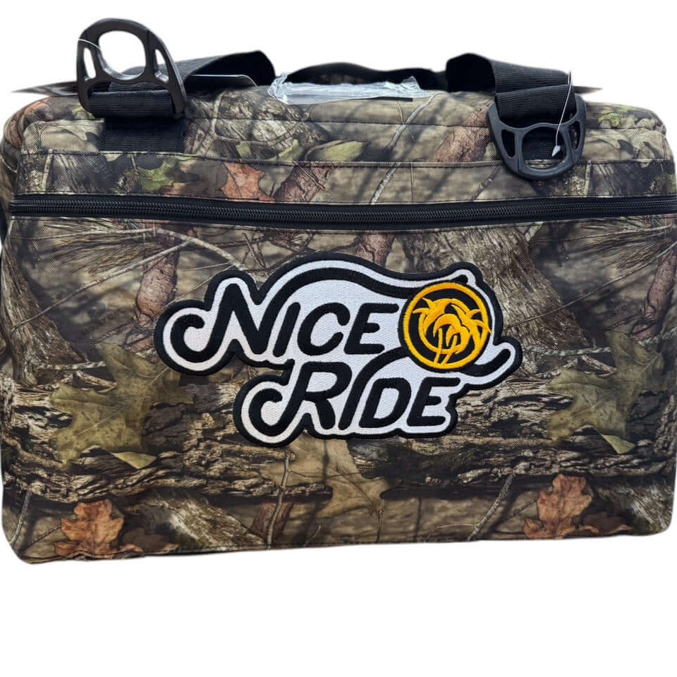 Wild West Mossy Oak cooler with Nice Ride logo, heavy-duty, insulated, soft-sided design for outdoor adventures.