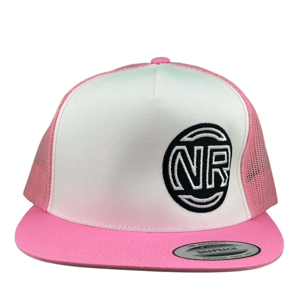 NICERIDE Inner Circle trucker hat in pink and white with NR logo, perfect for unisex style and comfort.