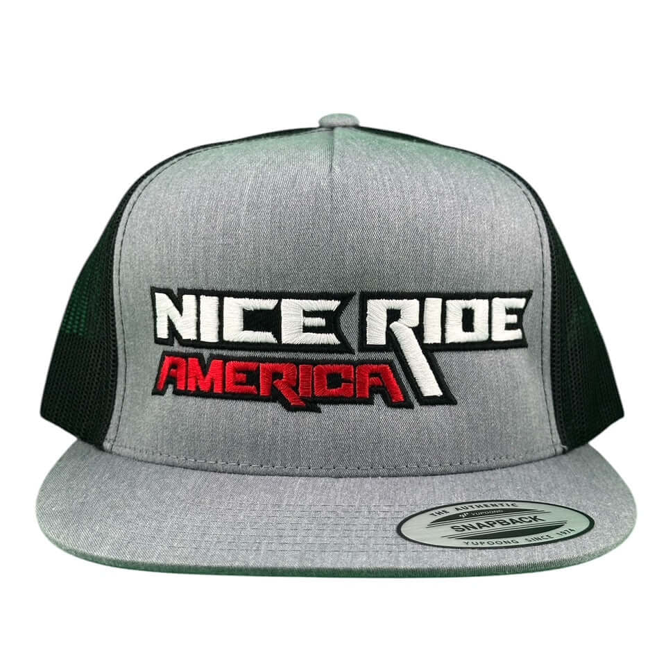 NICERIDE gray trucker hat with America logo, unisex snapback cap, stylish and comfortable headwear.