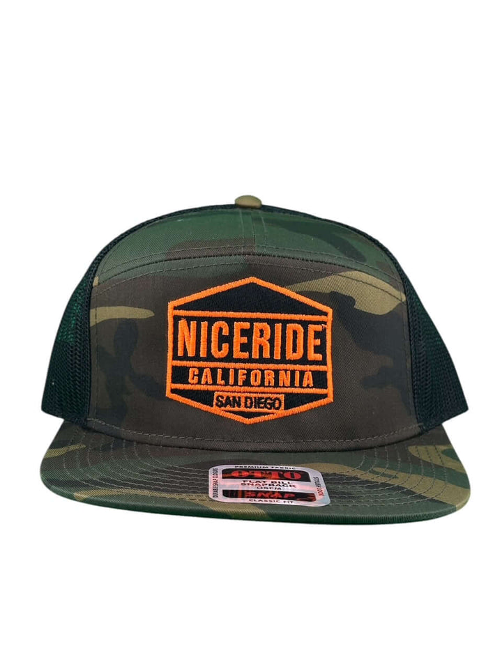 NICERIDE California camo snapback hat with orange logo, unisex adjustable trucker cap for stylish outdoor wear.