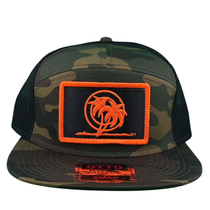 NICERIDE Palm Patch 7-panel unisex adjustable trucker hat in camouflage with orange palm tree logo.