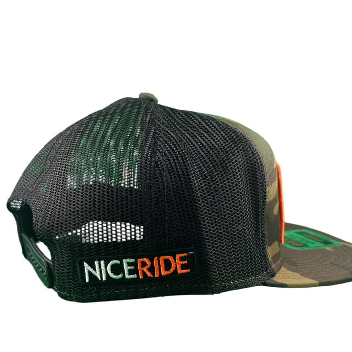 Back view of the NICERIDE Palm Patch seven-panel trucker hat showcasing its mesh design and adjustable snap.
