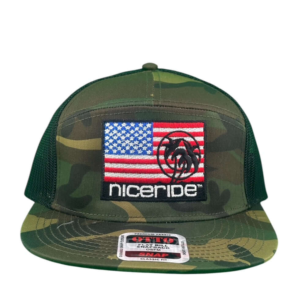NICERIDE camo snapback trucker hat featuring American flag and logo, perfect for outdoor adventures.