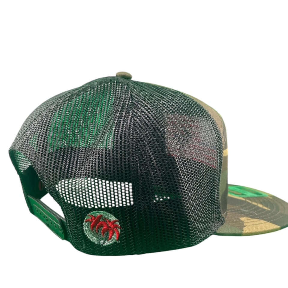 NICERIDE Strong seven-panel adjustable trucker hat back view, featuring breathable mesh and embroidered logo.