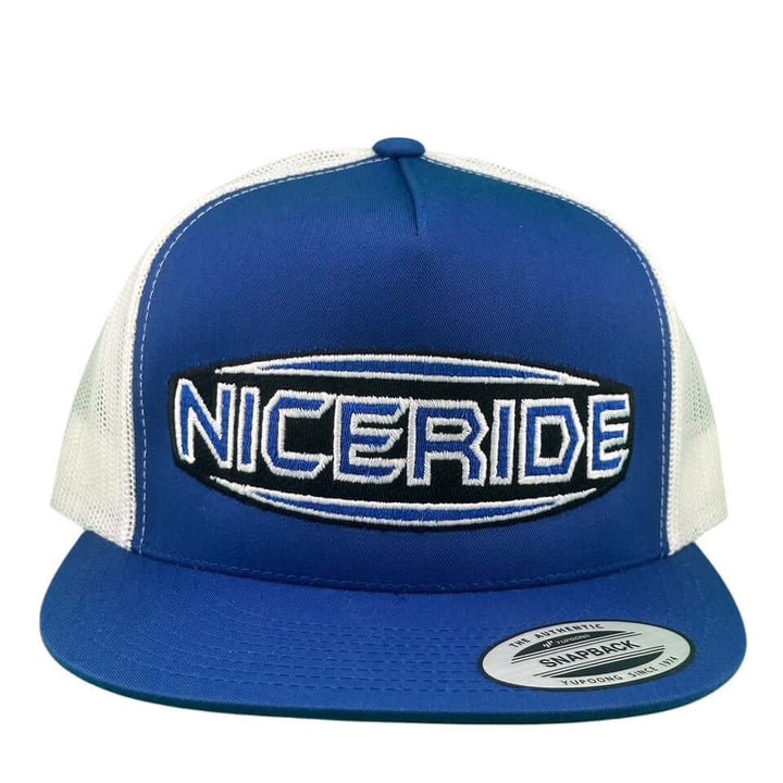 NICERIDE Saturn unisex trucker hat in blue with embroidered logo, classic snapback design for comfort and style.