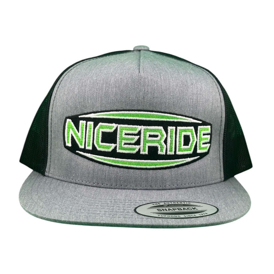 NICERIDE Saturn unisex trucker hat in gray and green, featuring a snapback style and prominent logo.