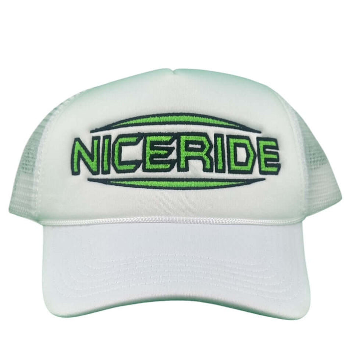 NICERIDE "Saturn" Unisex Adjustable Foam Trucker Hat with vibrant embroidered logo and breathable design.
