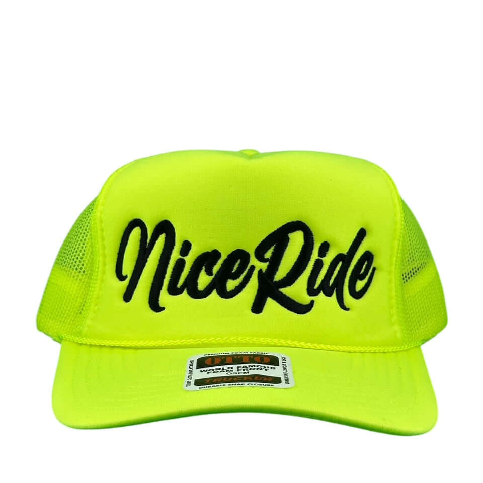 Bright yellow "Signature" Foam Trucker Hat featuring NiceRide logo on front panel for stylish comfort.