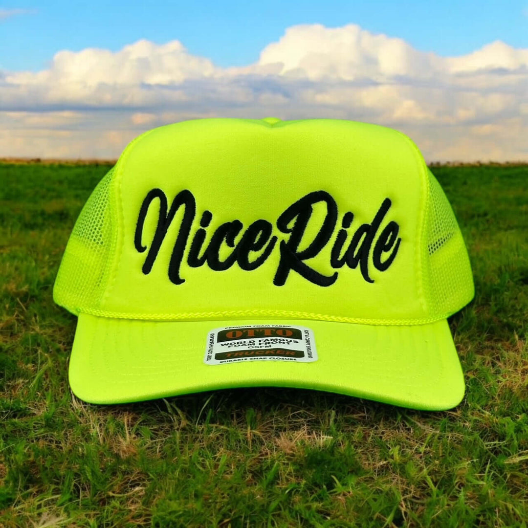 Signature Foam Trucker Hat by NICERIDE in bright yellow with embroidered logo on front, perfect for style and comfort.