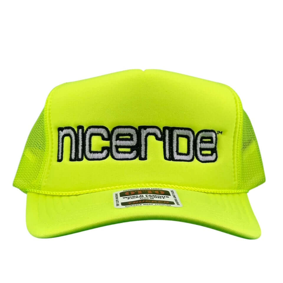 Bold Tower Yellow Foam Trucker Hat featuring nicerde logo, perfect stylish accessory for summer, comfortable hat.