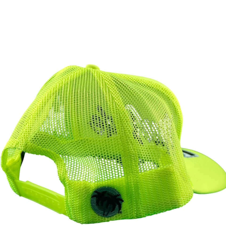 Back view of a bright neon yellow foam trucker hat with embroidered palm logo, perfect for stylish comfort.