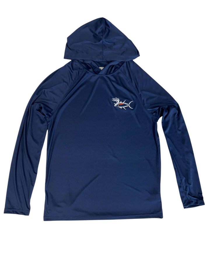 Blue unisex long sleeve hooded shirt with fish logo, designed for outdoor activities and UV protection.