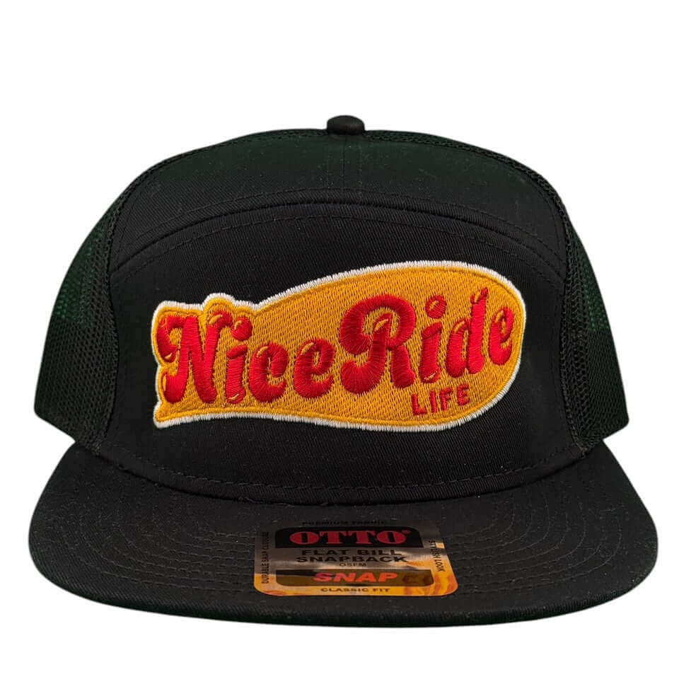 NICERIDE My Fav Otto seven-panel adjustable snapback hat in black with vibrant embroidered logo.