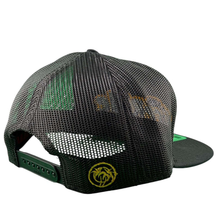 Back view of NICERIDE Parkay unisex adjustable seven-panel snapback hat with mesh design and logo.