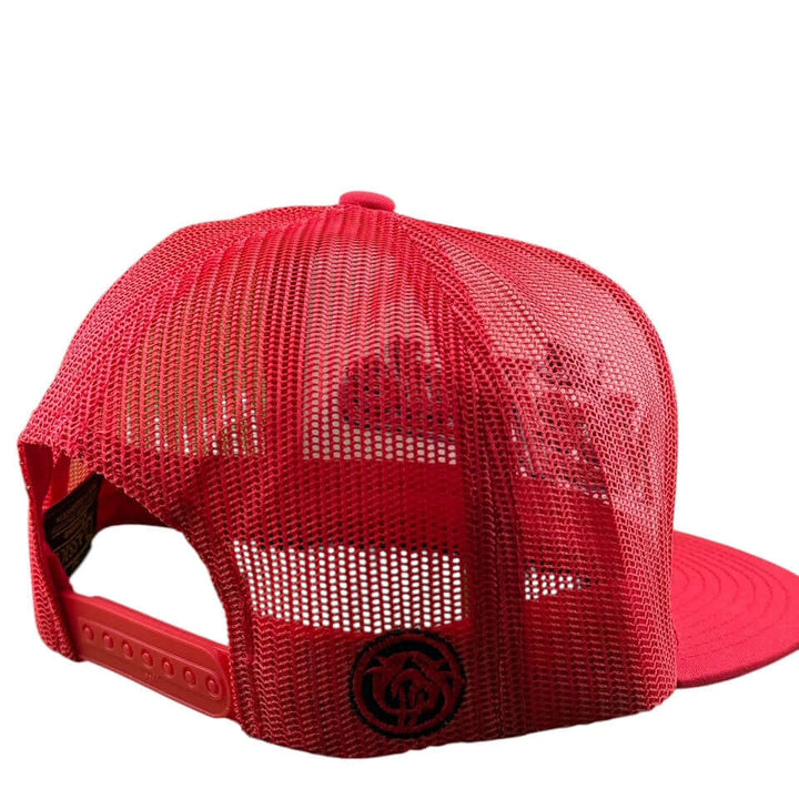 Back view of a red unisex adjustable trucker hat with mesh panel and logo.