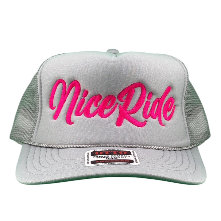 Signature Foam Trucker Hat by NICERIDE with embroidered logo in pink on the front panel.