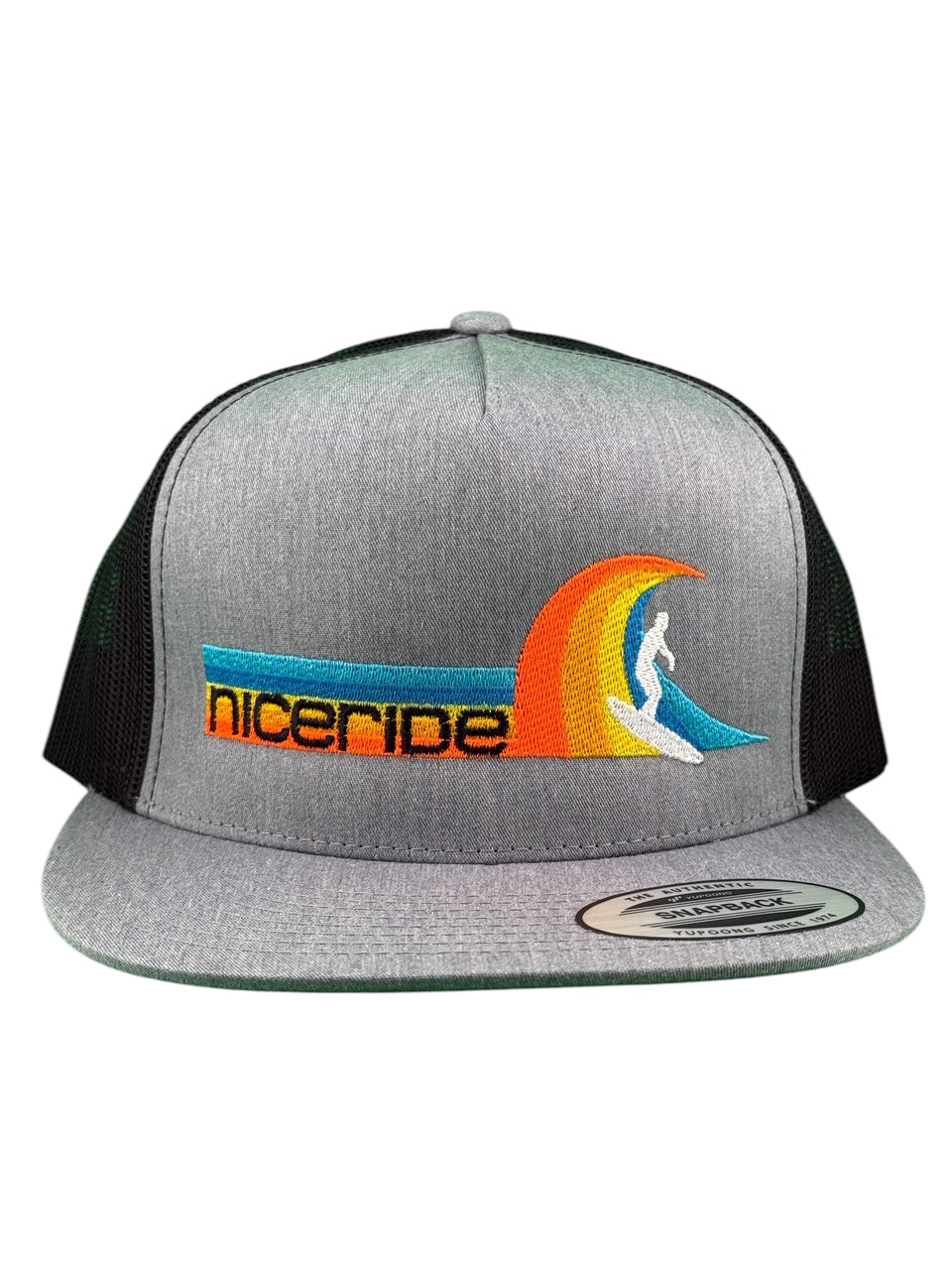 Tasty Waves trucker hat featuring NICERIDE's embroidered surf design on the front panel, classic snapback style.
