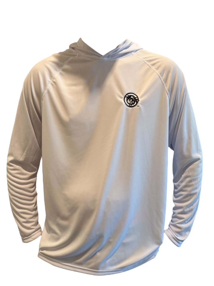Lightweight unisex hooded long sleeve shirt featuring UV protection, perfect for outdoor activities and sports.